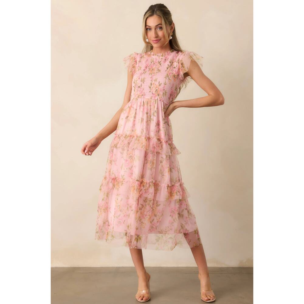 By the River Pink Floral Smocked Midi Dress Ruffle Sleeves Tiered L Cottagecore - Picture 3 of 8